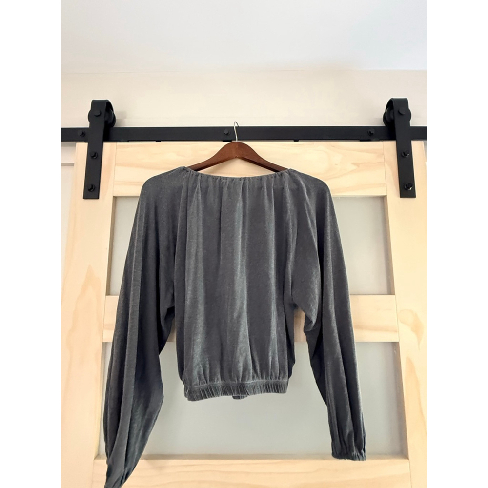 Sundry Gray Gathered Neck Balloon Sleeve Top Size 0 | NWT $98 Evereve - Picture 2 of 7